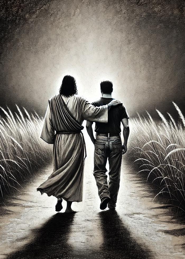 Christian Art: "Walk with Me." Printable download charcoal art of Jesus walking with a man. 5500 X 7700 px