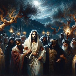 May include: A painting depicting a group of people in robes, holding torches, surrounding a man in a white robe. The scene is set at night, with a bright moon in the sky.