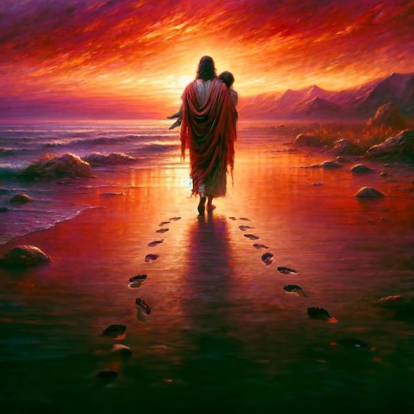 Arte cristiana: "Impronte nella sabbia" Arte stampabile e scaricabile. Il Salvatore Gesù Cristo che trasporta qualcuno. 6000x8771 px