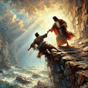 May include: An artistic depiction of a religious scene. A figure in a flowing robe extends a hand to help another figure, who is falling. The background features a dramatic sky, cliffs, and a turbulent sea, rendered in textured brushstrokes.