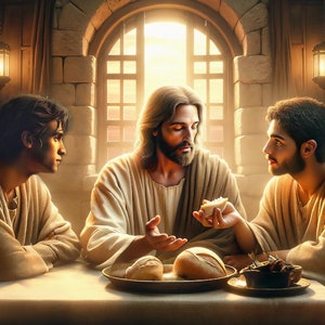 Christian Art: "Did Not Our Hearts Burn?" Printable, downloadable painting of Jesus and 2 disciples after road to Emmaus. 10500 × 6000 px
