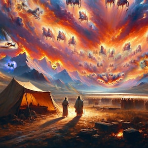 Christian Art: "Lord, Open His Eyes." Printable download painting of Elisha and the Chariots of Fire. 10500X6000 px