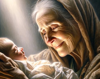 Printable Art: &quot;Holding the Redemption of Israel.&quot;, Digital Christmas Art of the Birth of Jesus Christ, Anna the Prophetess. 3072X3072