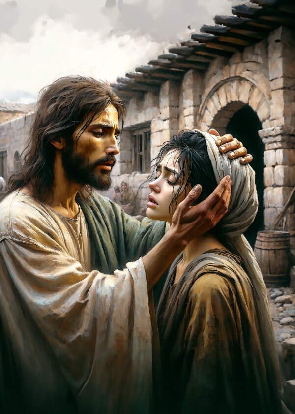 Christian Art: "Out of Whom Went Seven Devils," Printable download painting of Mary Magdalene being healed by Jesus Christ. 6500  ×  9106 px