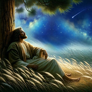 Christian Art: "Sitting Under the Stars." An Image of Jesus Christ looking at the stars under a tree in a natural landscape. 11375 × 6500 px