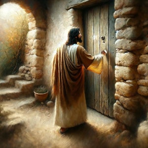 May include: A man in a brown robe reaches for a wooden door in a stone building. The door is closed and has a metal handle. The man is standing in a doorway with a stone archway. The scene is lit by a soft, warm light.