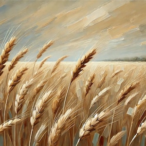 Op de afbeelding: Een schilderij van een tarweveld dat in de wind waait. De tarwe is goudgeel van kleur en de lucht is lichtblauw met witte wolken. Het schilderij is gemaakt in een realistische stijl.
