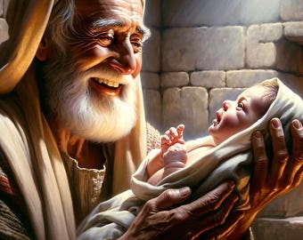 Christian Art: &quot;Simeon&#39;s Peace.&quot; Printable, digital Christmas Art of the Birth of Jesus Christ, Simeon meets Jesus at the temple. 3072X3072