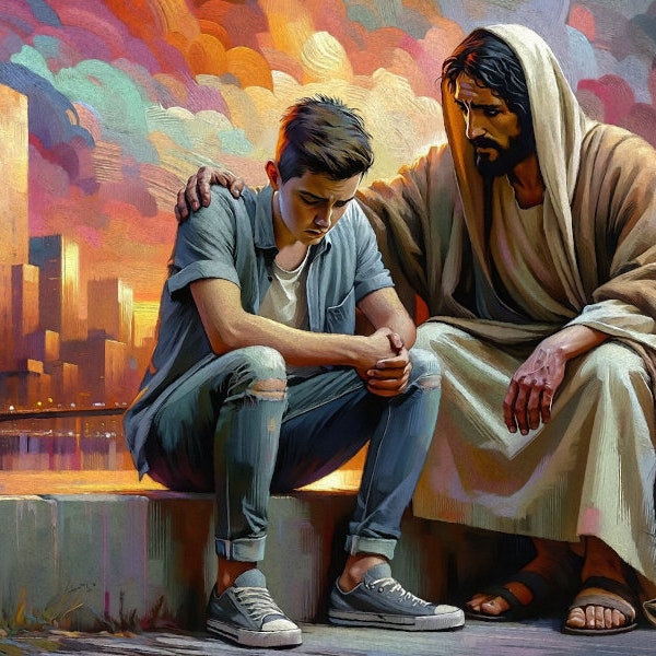 Arte cristiana: "On the Curb" Scarica stampabile il dipinto murale di Gesù che conforta un giovane. 9008  ×  6356px