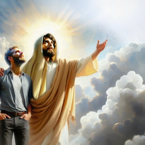 May include: A man with a beard looks up at a man with a beard and long hair, wearing a white robe, with his arm around the man's shoulder. The man in the robe is pointing upwards with his right hand. They are both standing in front of a bright, white light and clouds.