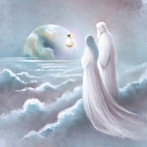 Puede incluir: Una pintura de acuarela etérea representa una escena celestial. Dos figuras con túnicas blancas se encuentran entre las nubes, mirando una figura flotante. Un gran orbe brillante y un cielo estrellado completan la obra de arte espiritual.