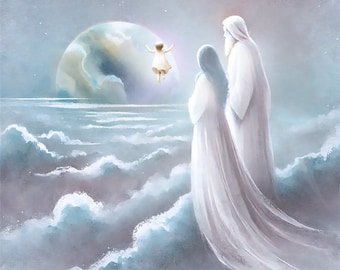 May include: An ethereal watercolor painting depicts a celestial scene. Two figures in white robes stand amidst clouds, gazing at a floating figure. A large, glowing orb and a starry sky complete the spiritual artwork.