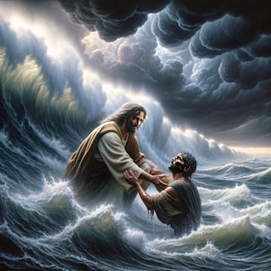 Op de afbeelding: Een schilderij dat een man toont die een andere man in een stormachtige zee de hand reikt. De man in het water wordt gered door de man die op een golf staat. De lucht is donker en stormachtig, met wolken erboven.