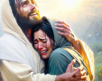 Christliche Malerei: "Ich bin wieder da, Imma." Druckbare digitale Kunst von Jesus nach seiner Auferstehung, der seine Mutter Maria grüßte. 7000 × 8757 px