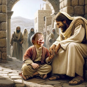Christian Art: "Of Such is the Kingdom of God" Printable download art of Jesus and a Child with Downs Syndrome. 5500 X 5500 at 300 DPI
