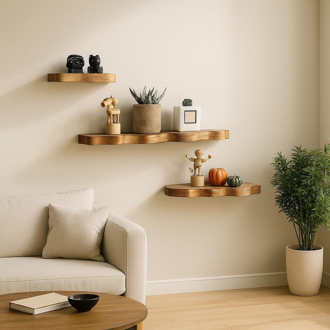 Rustic Farmhouse Floating Shelves – 3-piece Set of Live Edge Solid Wood ...