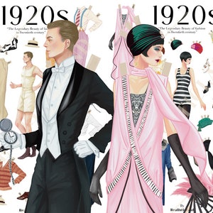 Peut inclure: Un ensemble de poupées en papier représentant la mode des années 1920. L'ensemble comprend un homme en smoking et une femme en robe rose à motifs noir et blanc. L'ensemble comprend également divers accessoires, tels que des chapeaux, des chaussures et des gants.