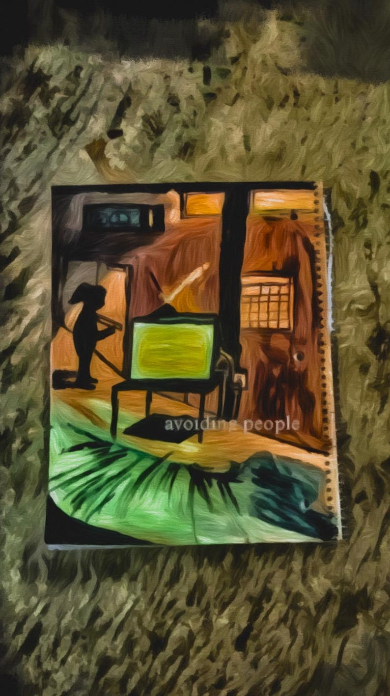 Op de afbeelding: Een artistiek schilderij met een donkere interieursc&egrave;ne. Een silhouet staat in de buurt van een televisie, met de tekst "avoiding people" onderaan. Het kunstwerk bevat een mix van kleuren, waaronder groen, oranje en zwart.