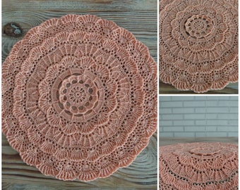 Round cotton crochet table doily. Peach handmade doily with original pattern. Housewarming gift. Home decor. Lace napkin. Gift Mother's Day