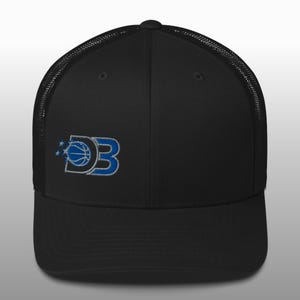 May include: Black trucker hat with a curved brim and mesh back. The front features a blue and white logo with the letters "DB" and a basketball design, along with two blue stars.