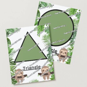 May include: Two printable flashcards featuring a green triangle and a green circle. Each shape is set against a white background with a pattern of green leaves. The word "Triangle" is below the triangle and the word "Circle" is below the circle. Each card features a cartoon sloth.