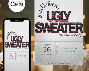 May include: A digital invitation for an Ugly Sweater Christmas party on Tuesday, December 26th at 2:00 PM. The invitation includes the address 123 Anywhere St., Any City and an RSVP number.