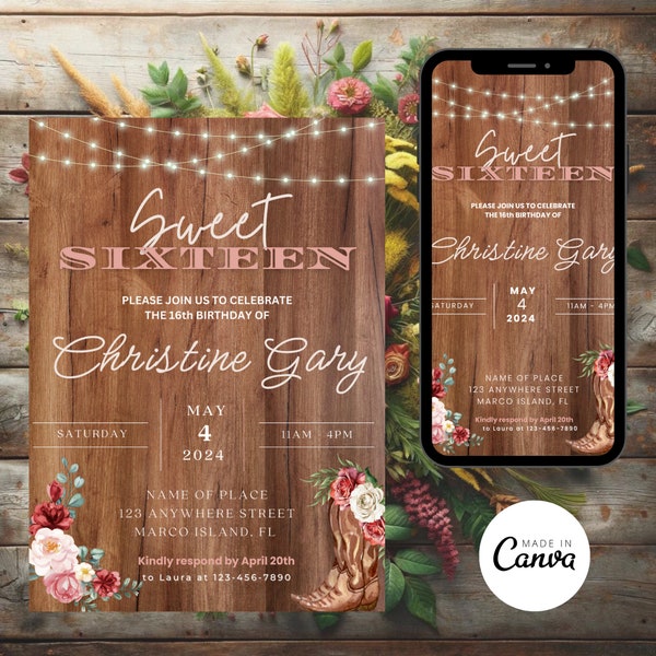 Rustic Sweet 16 Invitation: Cowgirl Boots & Roses on Wood with Fairy Lights - Digital Download