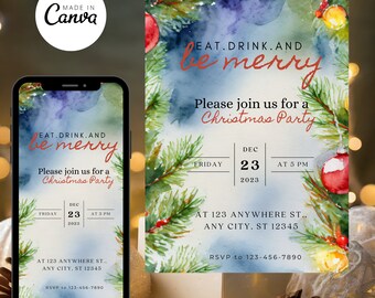 Puede incluir: Invitación a una fiesta de Navidad con diseño de acuarela. La invitación presenta el texto "EAT. DRINK. AND be merry" y "Please join us for a Christmas Party". Los detalles incluyen fecha, hora y lugar. El diseño incluye adornos navideños y ramas de pino.