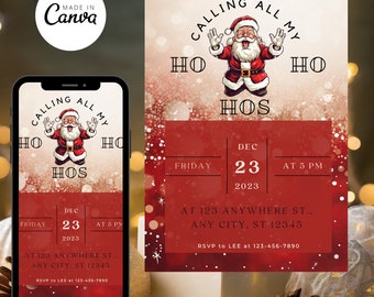 Puede incluir: Una invitación a una fiesta de Navidad roja y blanca con un Papá Noel de dibujos animados. La invitación dice "Calling all my Ho Hos" e incluye la fecha y la hora de la fiesta: viernes 23 de diciembre a las 5 PM. La dirección es 123 Anywhere St., Any City, ST 12345. RSVP a Lee al 123-456-7890.