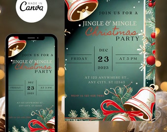 Puede incluir: Una invitación digital para una fiesta de Navidad con fondo verde y campanas doradas. El texto dice "Join us for a Jingle & Mingle Christmas Party" con la fecha y hora de la fiesta indicadas como "Viernes, 23 de diciembre de 2023 a las 5 PM". La ubicación se indica como "At 123 Anywhere St., Any City, ST 12345". El número de RSVP es 123-456-7890.