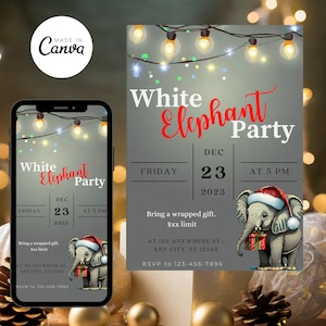 Puede incluir: Una invitaci&oacute;n digital para una fiesta de Elefante Blanco el viernes 23 de diciembre a las 5 PM. La invitaci&oacute;n presenta un elefante de dibujos animados con un gorro de Pap&aacute; Noel y sosteniendo un regalo envuelto. El texto de la invitaci&oacute;n incluye la fecha, la hora y la frase "Trae un regalo envuelto. L&iacute;mite de xx &euro;".