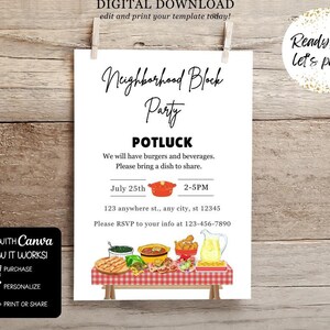 Editable Neighborhood Block Party Invitation, Neighborhood Potluck Invite, Potluck Party Digital Invitation Template, Summer Party Invite