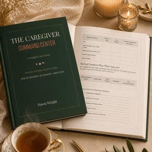 May include: An open, dark green book titled "The Caregiver Command Center" with the author's name, Dawn Wright, visible. A teacup and saucer, two lit candles, and decorative sprigs are also present.