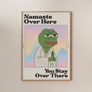 Op de afbeelding: Een poster met een groene cartoon kikker in een witte robe met de tekst "Namaste Over Here" en "You Stay Over There" in zwart.