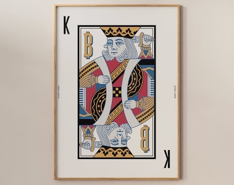 May include: King of Bitcoin playing card with a blue, red, and gold design. The card features a king with a crown and a sword.