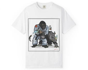 Martial Arts Animals Unisex T-shirt, Gorilla vs Rhino Jiujitsu Design, Samurai, Cool Drawing, Gift for Martial Arts Enthusiasts