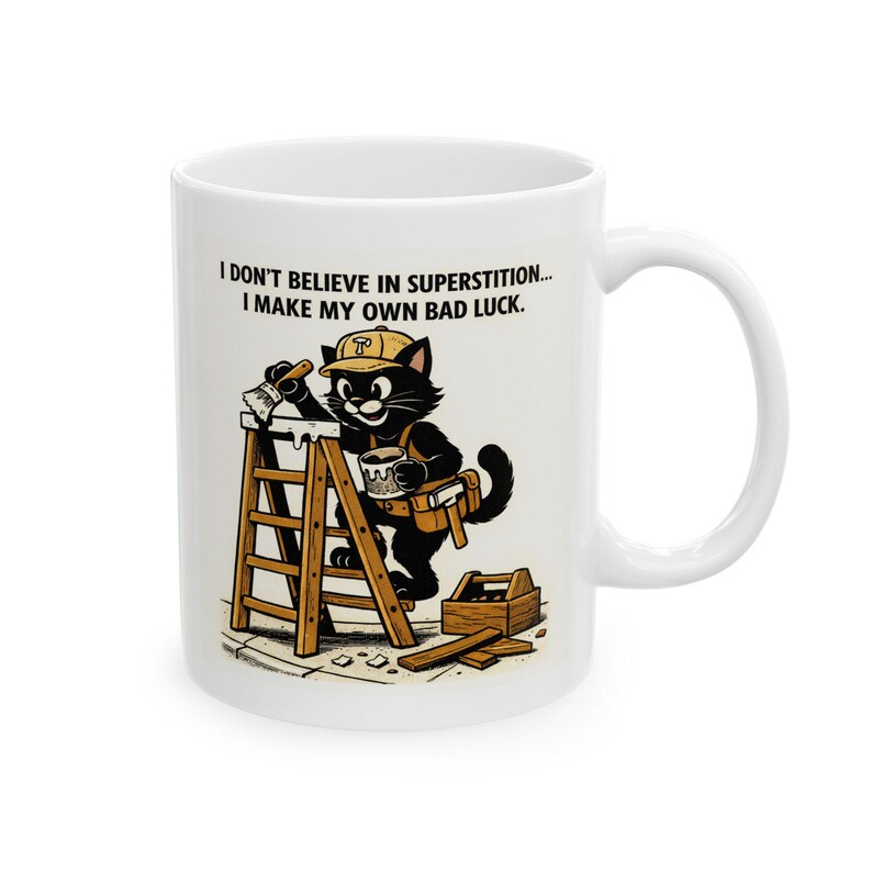 Lustig Katzen-Unglücks-Tischler-Illustrations-Tasse | Bau Humor Keramik Becher Bild 4