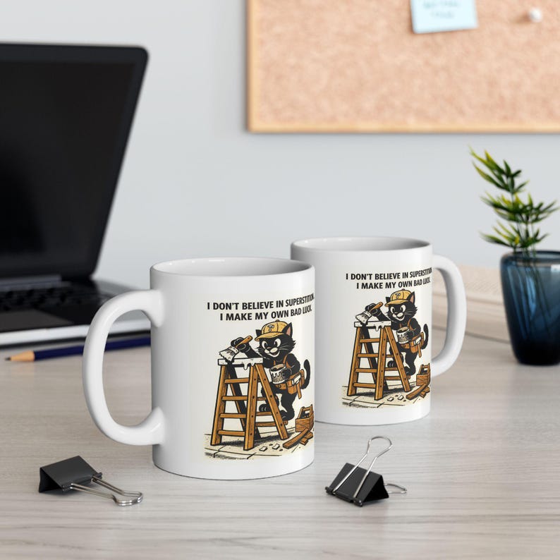 Lustig Katzen-Unglücks-Tischler-Illustrations-Tasse | Bau Humor Keramik Becher Bild 5