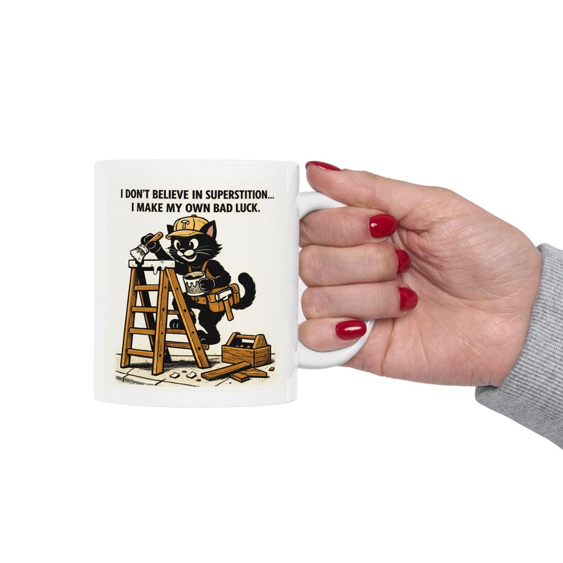 Lustig Katzen-Unglücks-Tischler-Illustrations-Tasse | Bau Humor Keramik Becher Bild 6