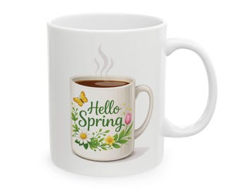 Hello Spring-koffiemok, bloemenmotief met vlinder