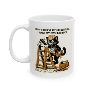Lustig Katzen-Unglücks-Tischler-Illustrations-Tasse | Bau Humor Keramik Becher Bild 1
