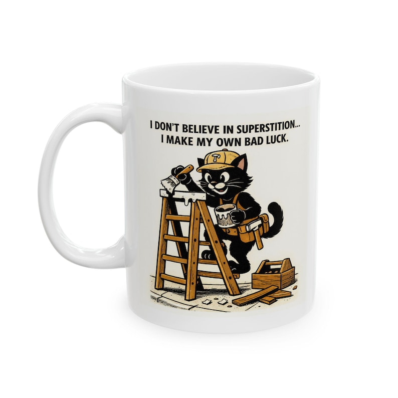 Lustig Katzen-Unglücks-Tischler-Illustrations-Tasse | Bau Humor Keramik Becher Bild 1
