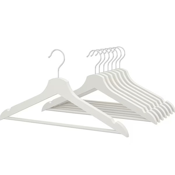 WHITE Wood Wooden Coat Hangers 43cm, 360 Degree Rotatory Hook Trouser Bar A-Grade Clothing Hanger Bridal Retail Hanging Display Adult