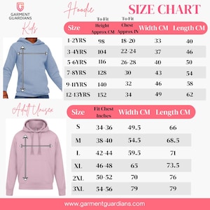May include: Size chart for hoodies in kids and adult sizes. The chart shows the approximate height and chest measurements in inches and centimeters, as well as the width and length in centimeters. The chart includes sizes for kids from 1-2 years to 12-13 years and adult sizes from S to 3XL.