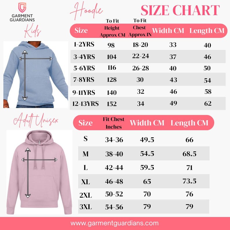 May include: Size chart for hoodies in kids and adult sizes. The chart shows the approximate height and chest measurements in inches and centimeters, as well as the width and length in centimeters. The chart includes sizes for kids from 1-2 years to 12-13 years and adult sizes from S to 3XL.