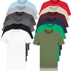 Pu&ograve; includere: Un set di dieci t-shirt a tinta unita in vari colori, tra cui blu chiaro, grigio, grigio scuro, nero, bianco, rosso, beige, bordeaux, blu navy, verde e verde oliva.