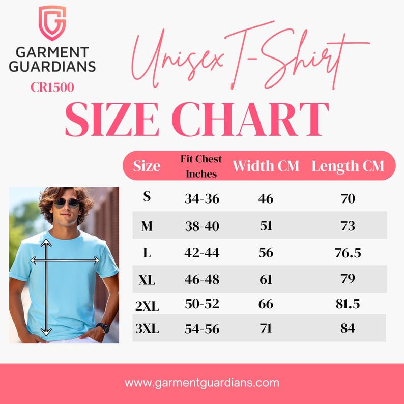 Pu&ograve; includere: Tabella delle taglie per t-shirt unisex con misure in pollici e centimetri. La tabella mostra la vestibilit&agrave; del petto, la larghezza e la lunghezza per le taglie S, M, L, XL, 2XL e 3XL.