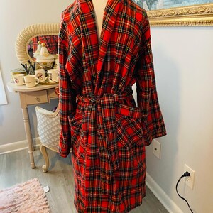 Vintage 1960s Pleetway Men's Plaid Robe | Red Tartan Flannel Loungewear Bathrobe with Belt and Pockets, Mid-Century Americana, Size Medium