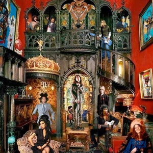 May include: A vibrant, digitally enhanced image of a room with several famous musicians and artists. The room features ornate architecture, paintings, and a spiral staircase. The musicians are positioned throughout the room, creating a unique and artistic composition.