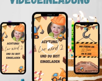 Video Einladung Kindergeburtstag, Digitale Geburtstagseinladung Baustelle, Personalisierte eCard Geburtstag, Bagger Party, Whats App